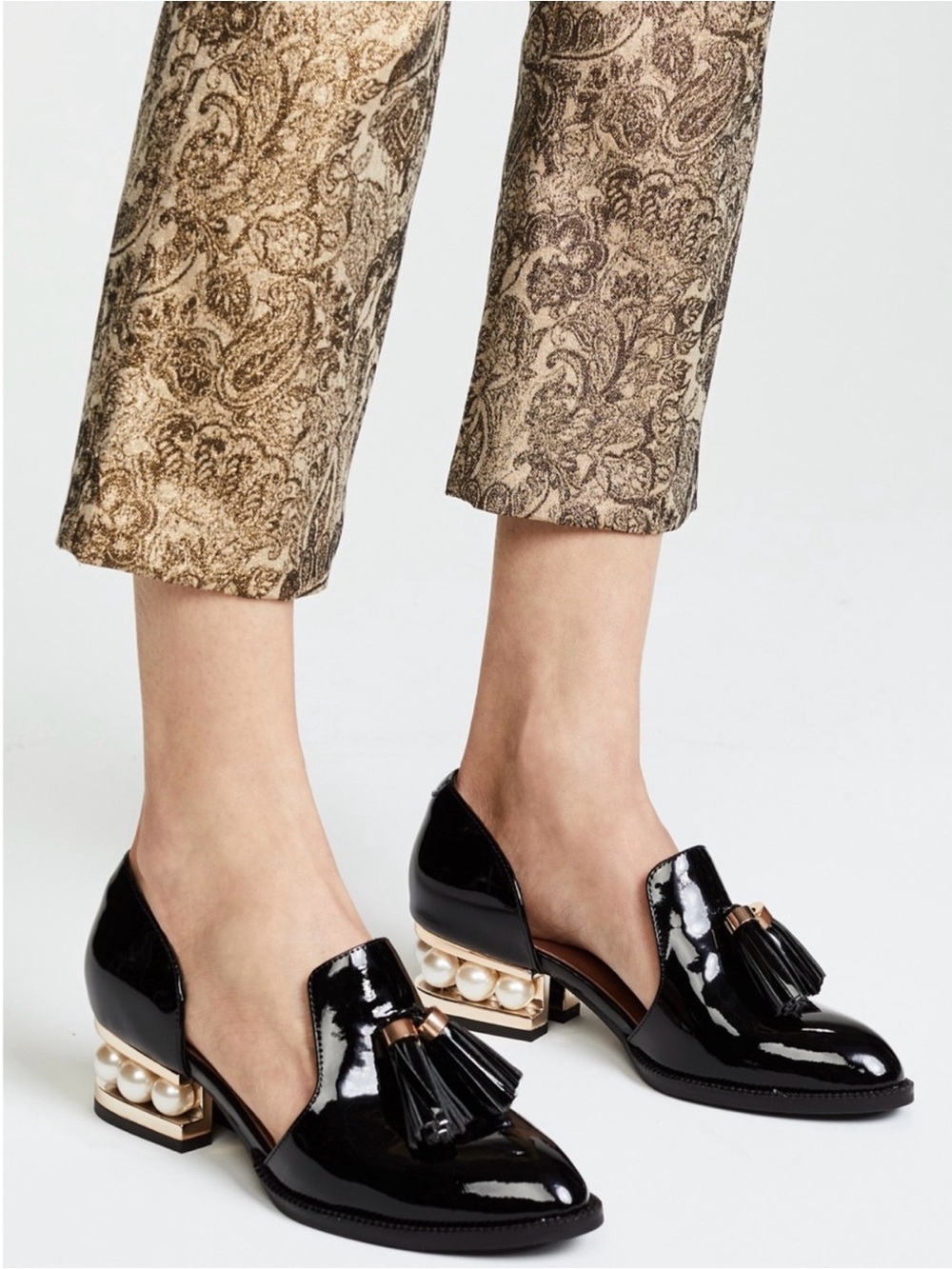 Jeffrey Campbell Civil Pearl Block Heels Black Patent Leather Tassel Loafer